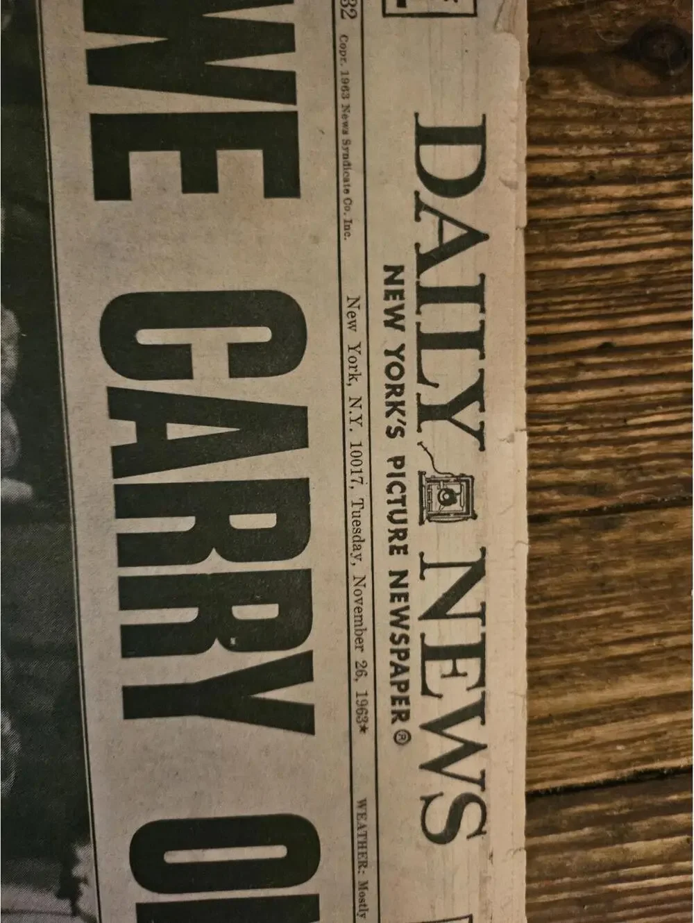 New York Daily News JFK Kennedy Assassination newspaper Nov 26, 1963 We carry on